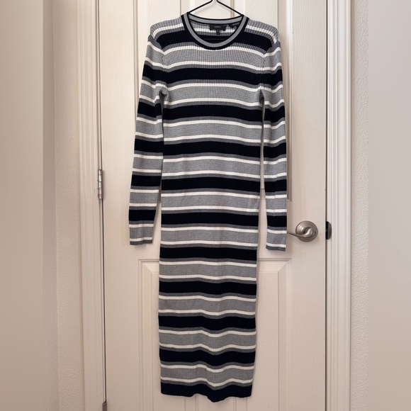 NWOT Theory Empire Wool Stripe Ribbed Merino wool stretch Midi Dress Medium - Picture 3 of 11